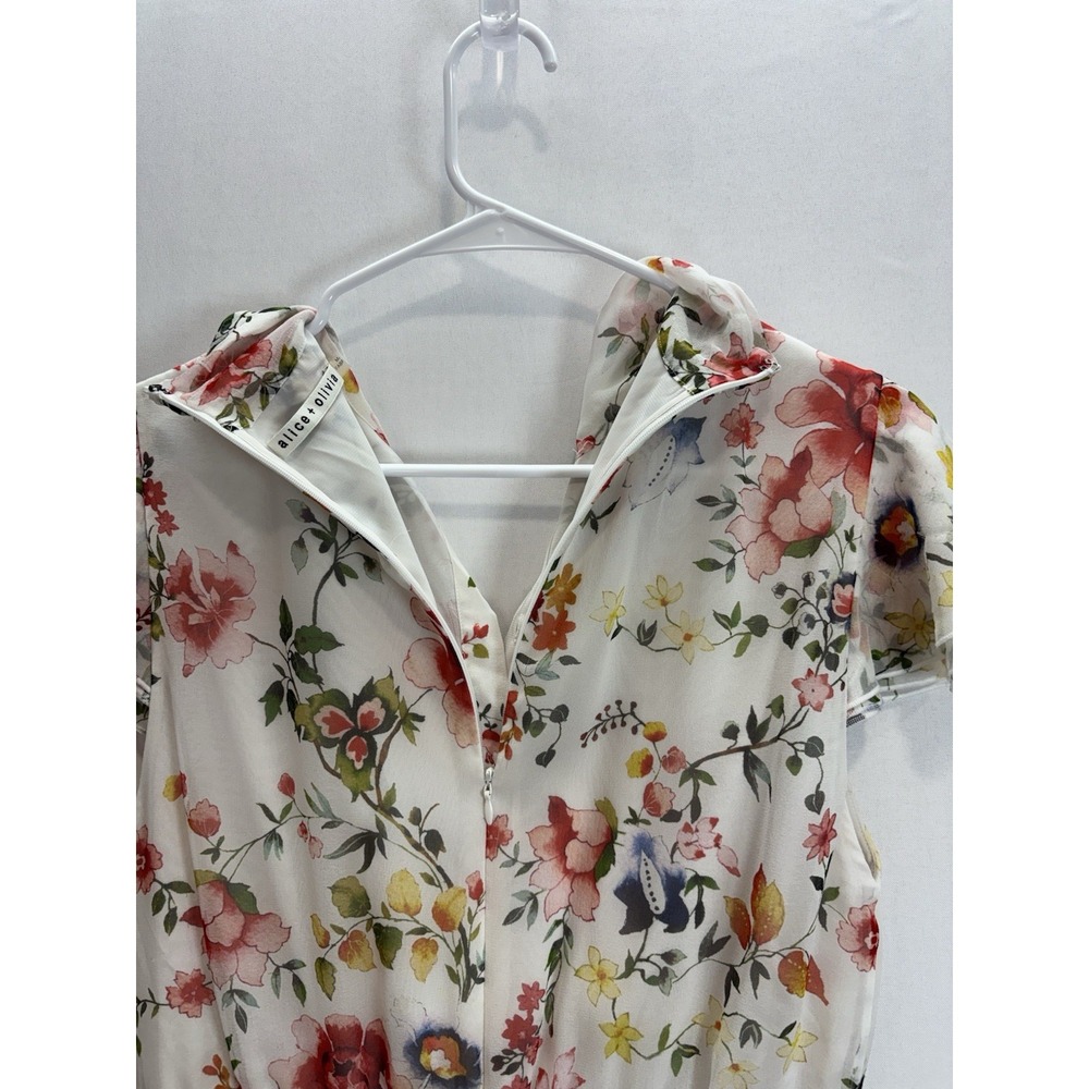 Alice + Olivia Floral Ruffle Dress Women's M White Multicolor Short Sleeve - Picture 10 of 12